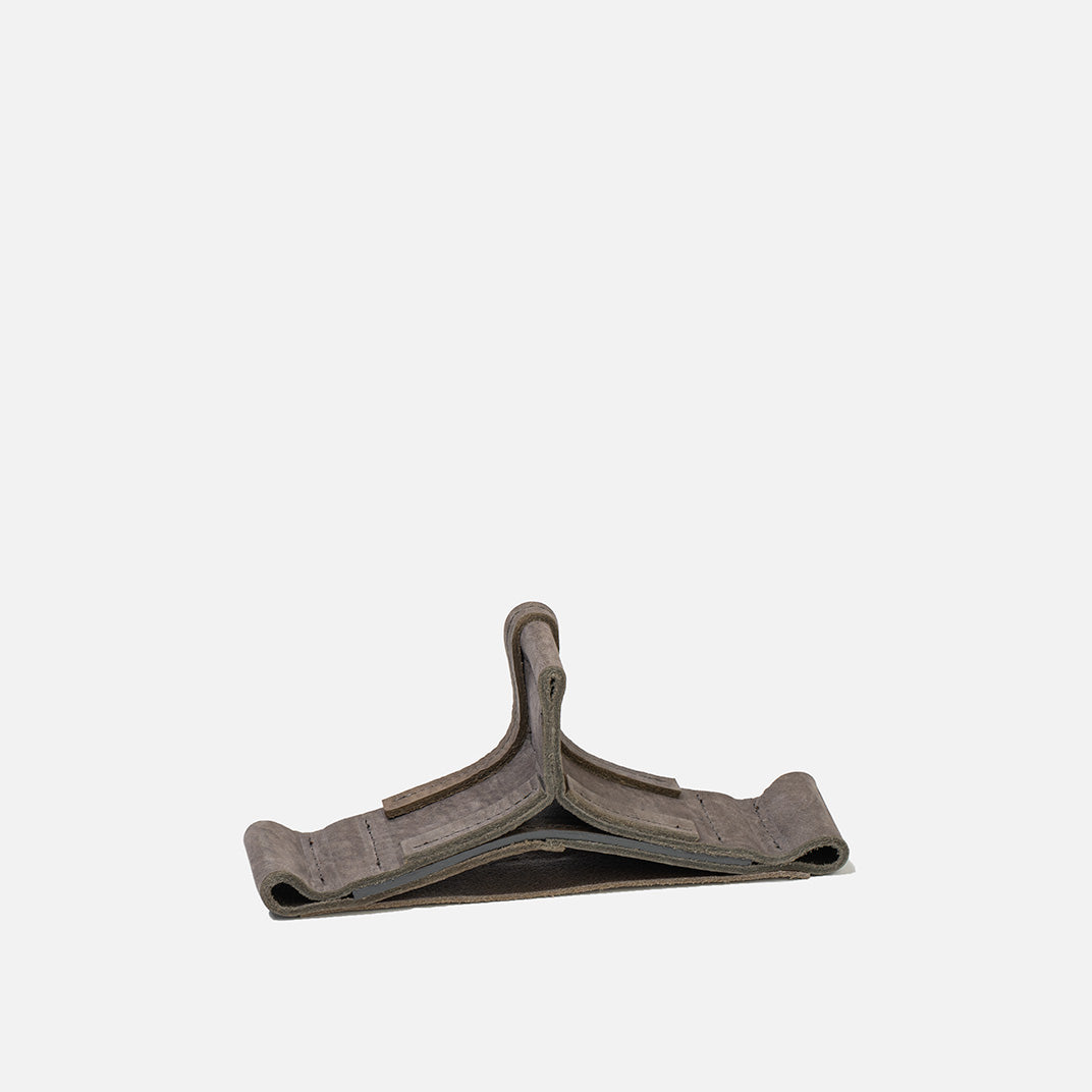 Leather Stand for AirPods Max, Velour Stone/Gray — close-up of padded cradle and weighted base; full-grain Italian leather, handmade in Europe