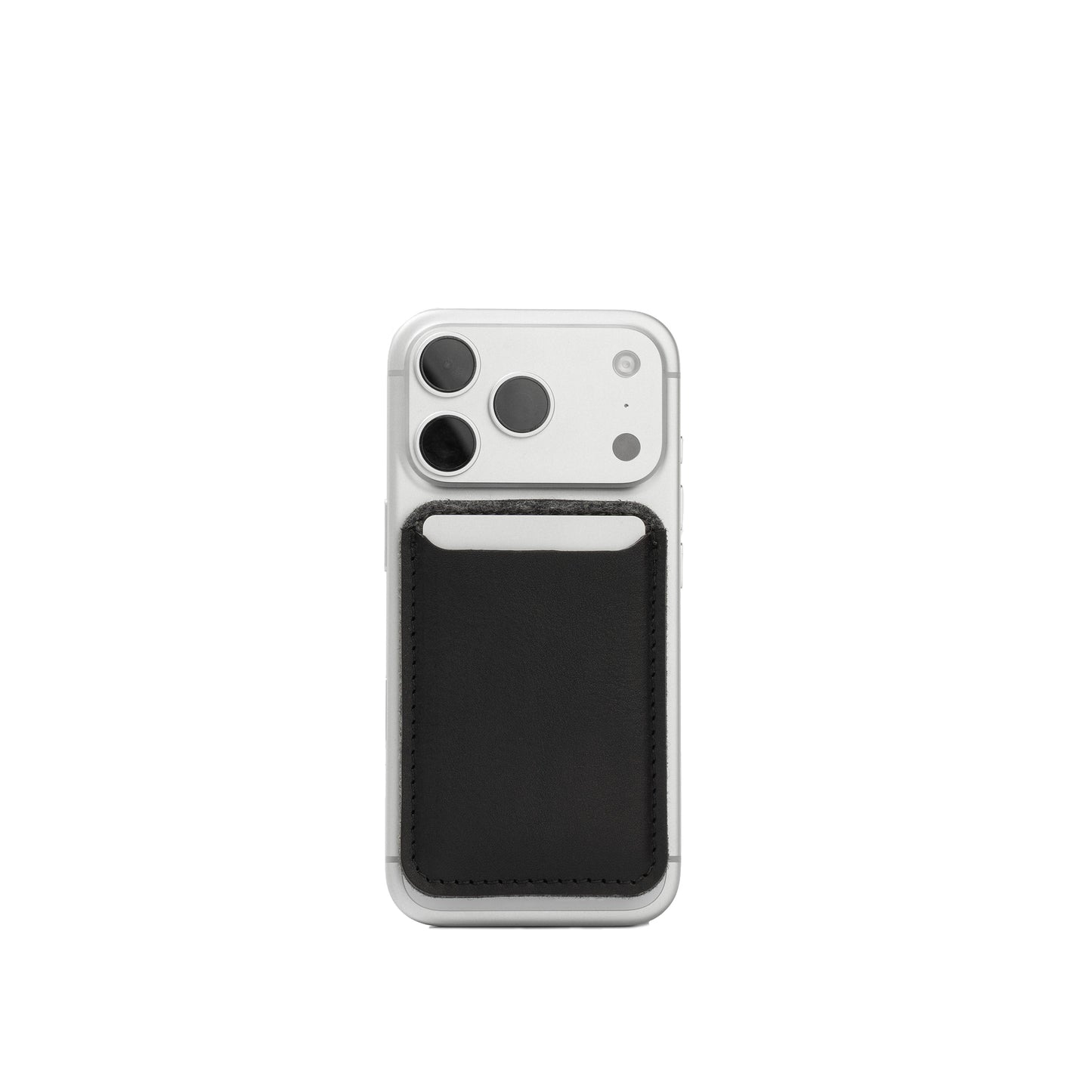 Black leather MagSafe wallet with grey Merino wool panel attached to the back of an iPhone