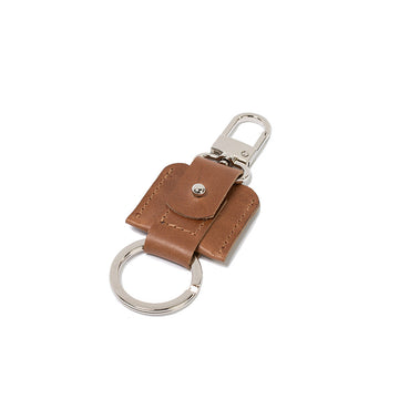 Brown leather AirTag keychain with snap hook and keyring