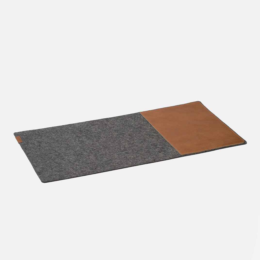 Premium wool felt desk mat with brown leather insert for mouse and keyboard