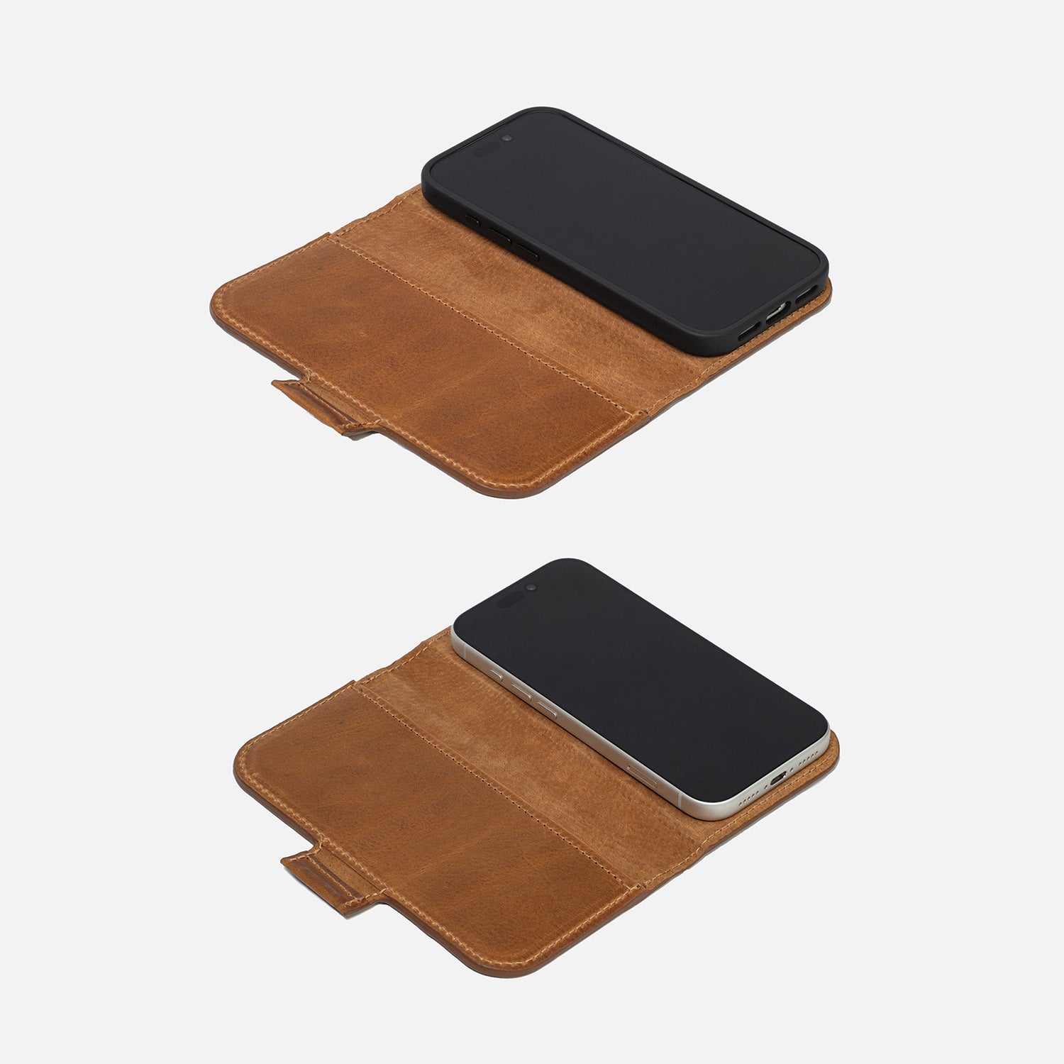 Leather iPhone folio wallet opened flat