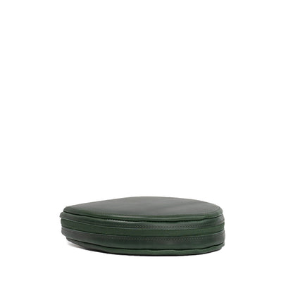 Side view of a forest green leather AirPods Max case, showcasing its slim profile and high-quality Italian leather craftsmanship.