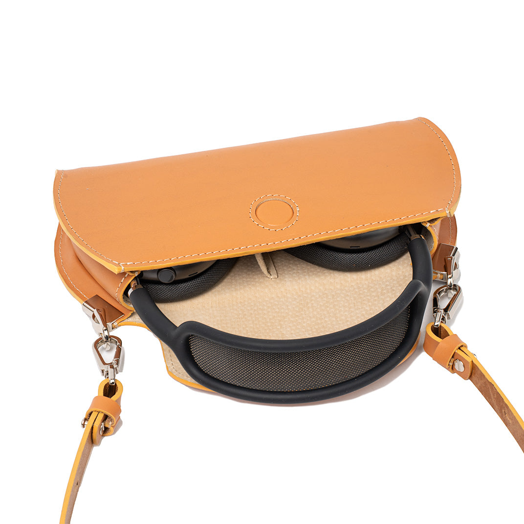 Women's orange leather case for AirPods Max with crossbody strap