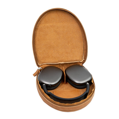 Leather case with AirPods Max in light brown camel color open view with headphones