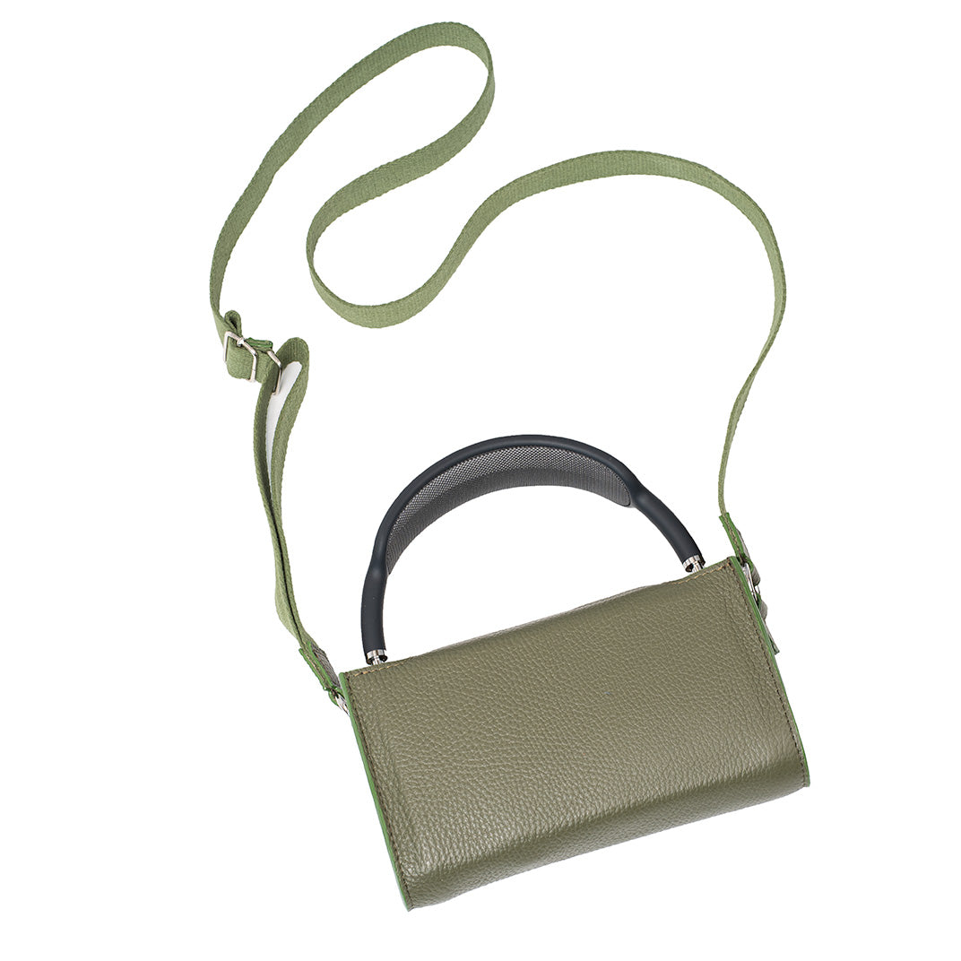 Olive green leather AirPods Max case with adjustable shoulder strap shown flat lay, minimalist protective cover for Apple headphones

