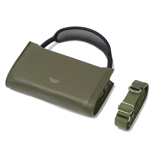 Olive green leather AirPods Max case with removable shoulder strap, minimalist protective cover by Geometric Goods
