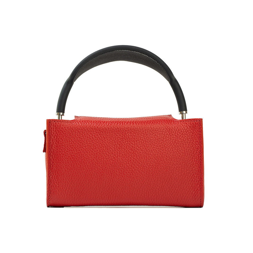 Red genuine Italian leather AirPods Max case with arched carry handle and padded, structured body—front view