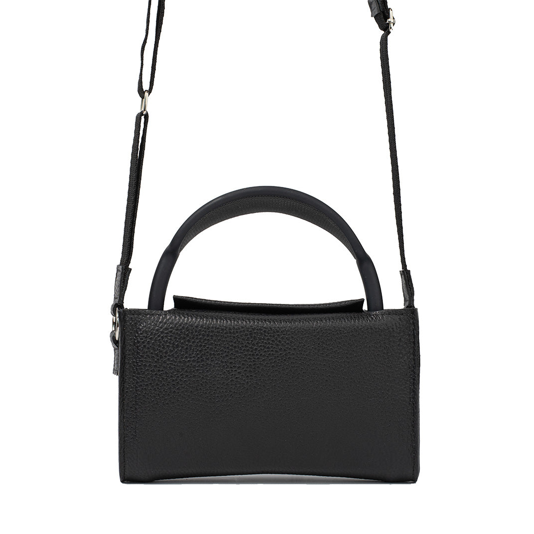 Black leather AirPods Max case with visible headphone headband and adjustable shoulder strap.