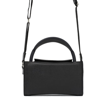 Black leather AirPods Max case with visible headphone headband and adjustable shoulder strap.