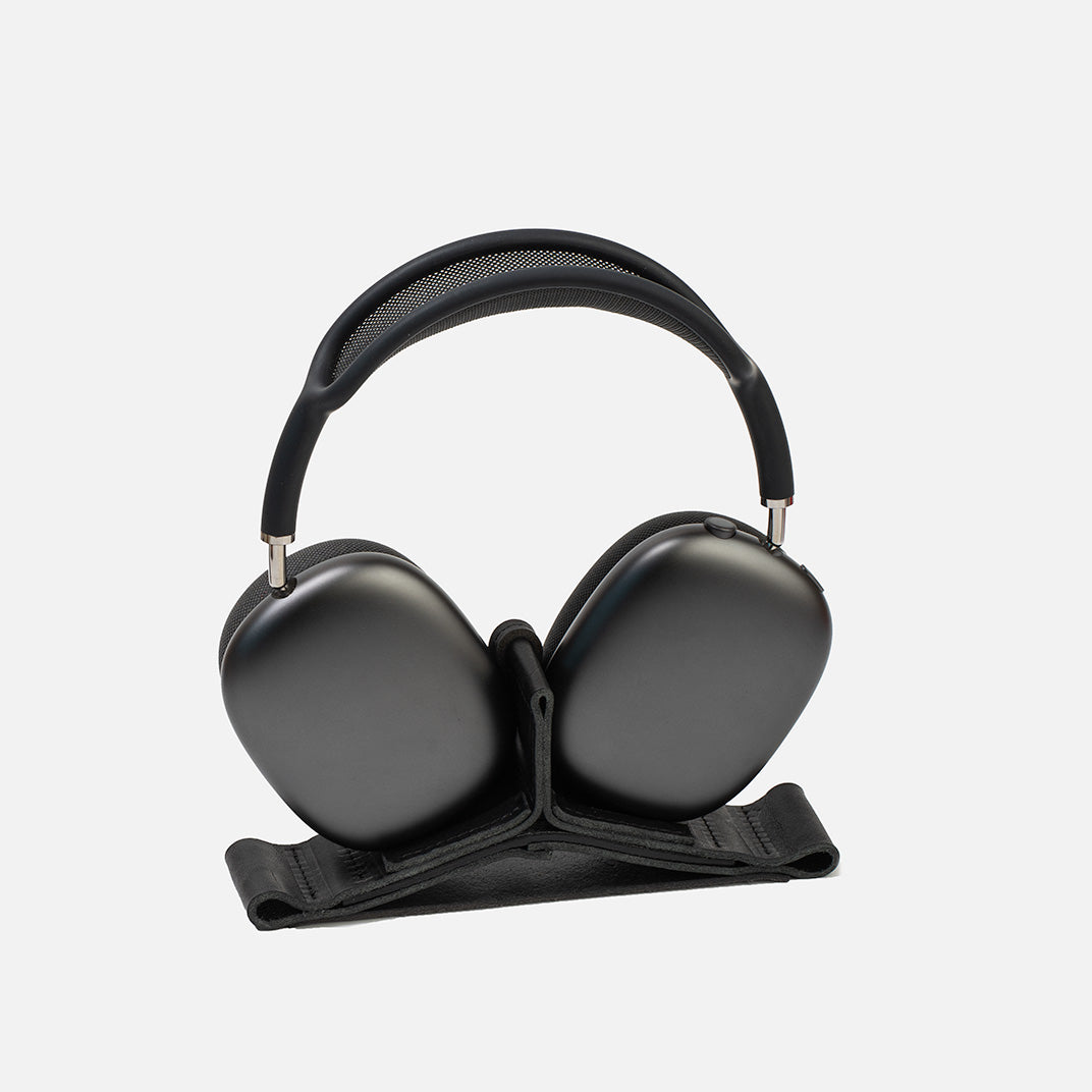 Leather Stand for AirPods Max in Black — padded leather cradle, weighted base, Low Power Mode activation; full-grain Italian leather, handmade in Europe