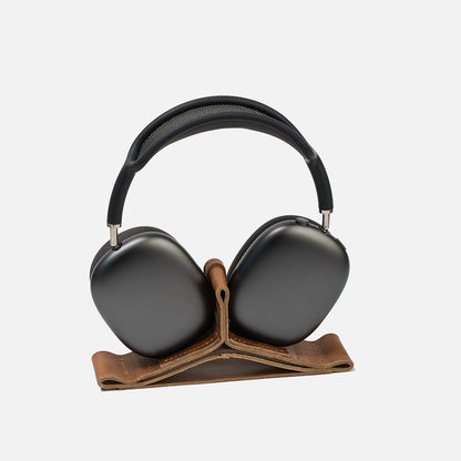 Leather Stand for AirPods Max in Brown — padded leather cradle and weighted base for stable docking; Low Power Mode activation; full-grain Italian leather, handmade in Europe