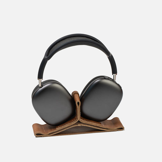 Leather Stand for AirPods Max in Brown — padded leather cradle and weighted base for stable docking; Low Power Mode activation; full-grain Italian leather, handmade in Europe
