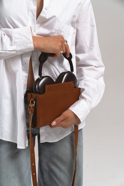 protective case for AirPods Max headphones made of premium leather in brown color