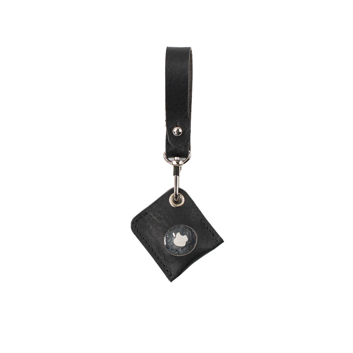 Black leather AirTag bag charm with a loop strap, silver-tone clasp and circular opening for the AirTag.