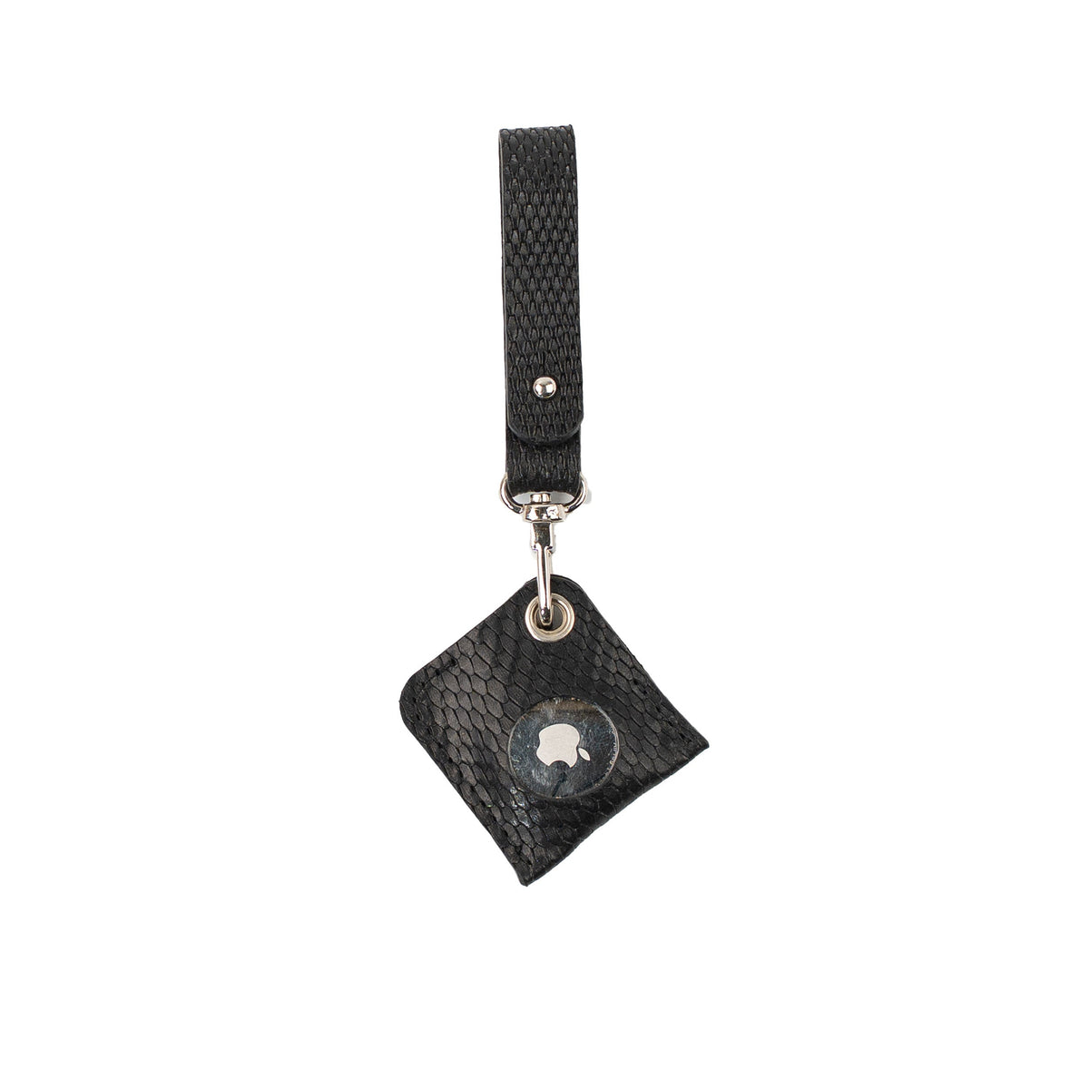 Black snake-print leather AirTag bag charm with a matching loop strap, showing the metal AirTag face.