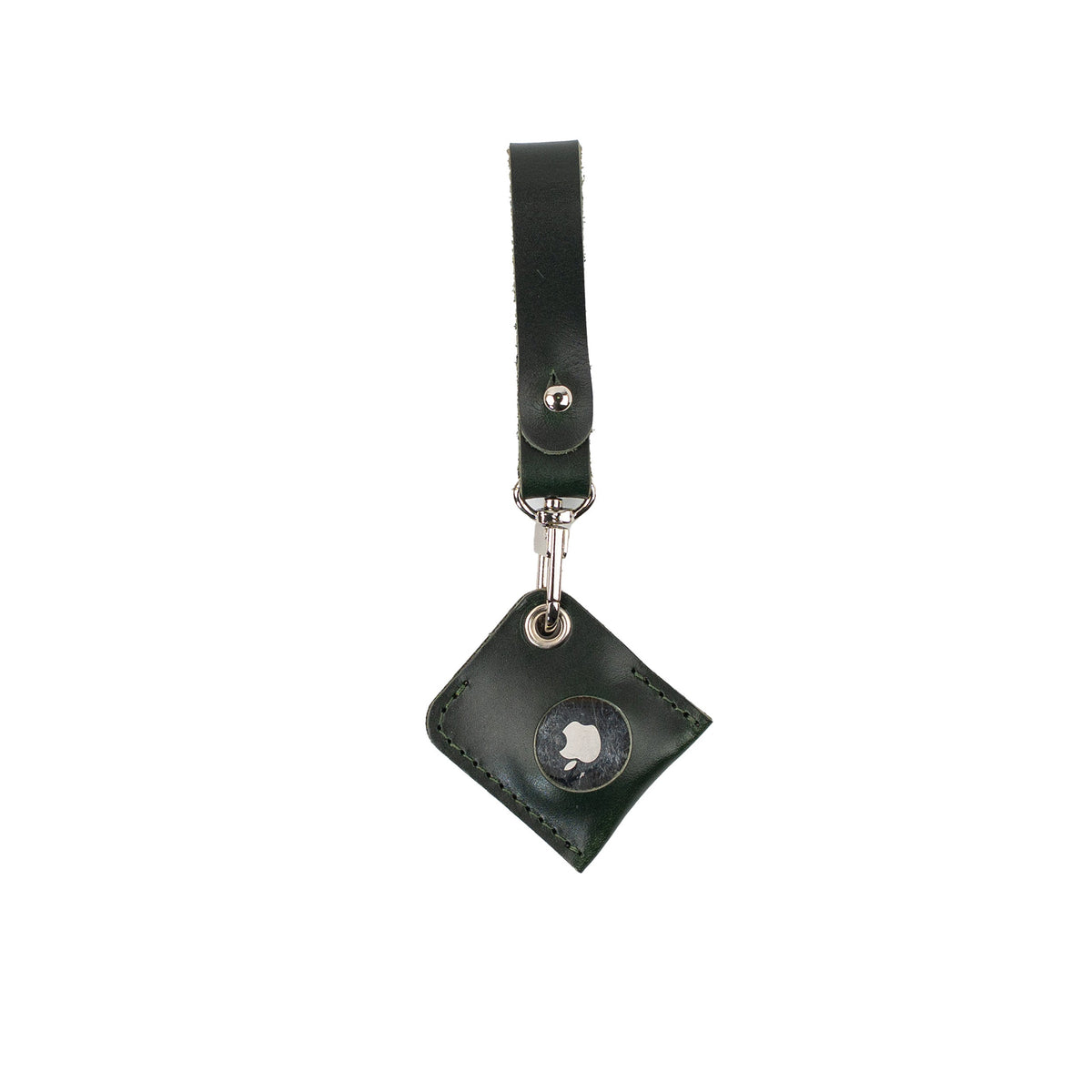 Dark brown leather AirTag bag charm with a loop strap and stitched square holder, showing the metal AirTag face.