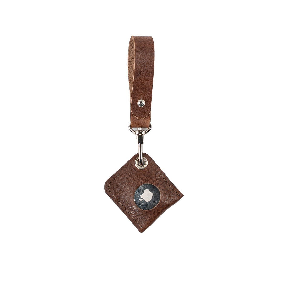 Mahogany leather AirTag bag charm with a loop strap and stitched square holder, front view.