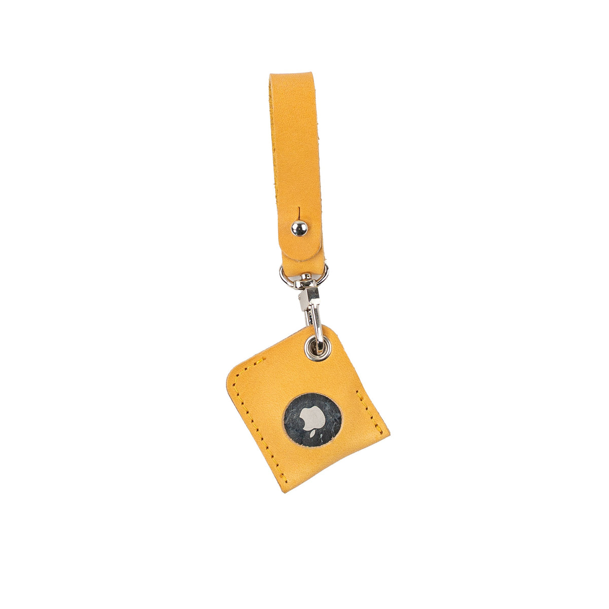 Mustard yellow leather AirTag bag charm with a loop strap and silver-tone clasp, front view.