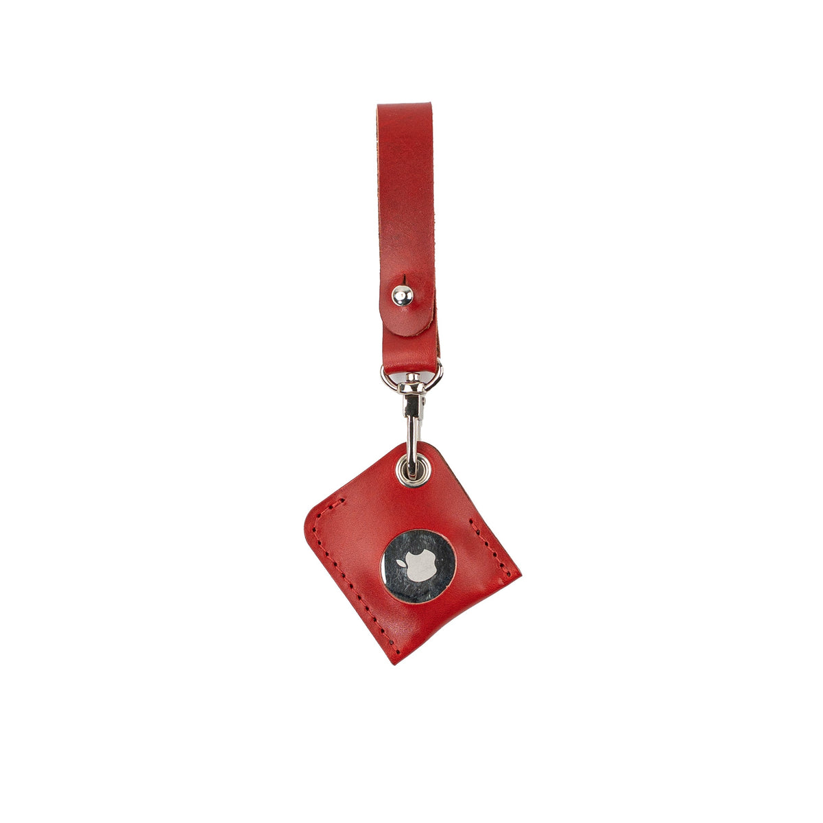 Red leather AirTag bag charm with a matching loop strap, silver-tone clasp and stitched square holder.