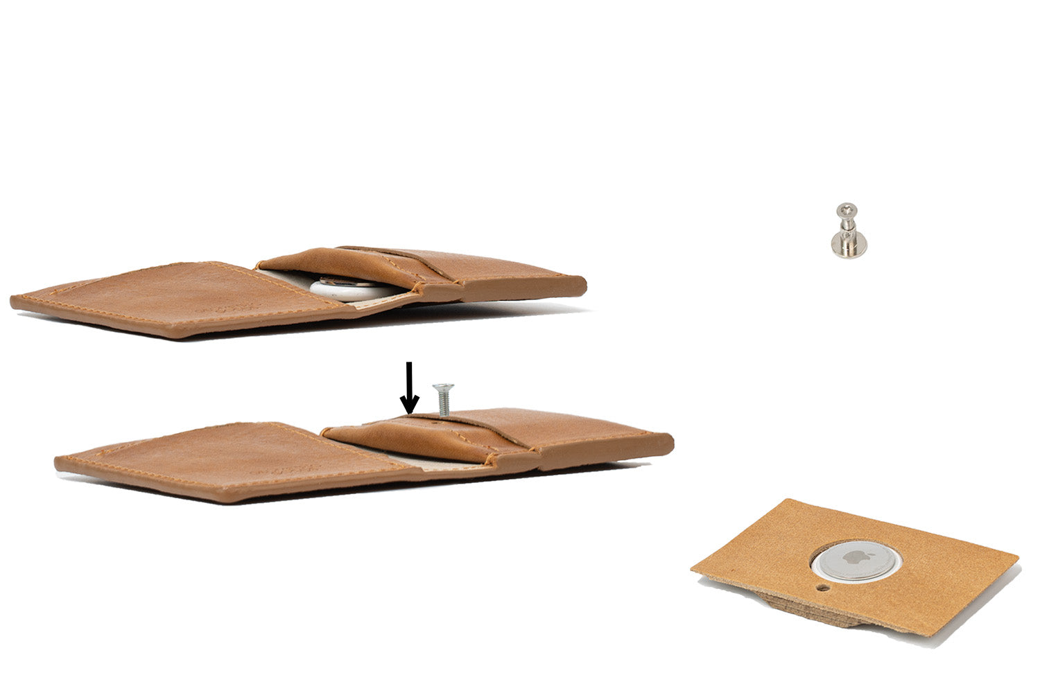leather AirTag card wallet showing the hidden AirTag pocket, screw post, and insert piece for securing the tracker inside