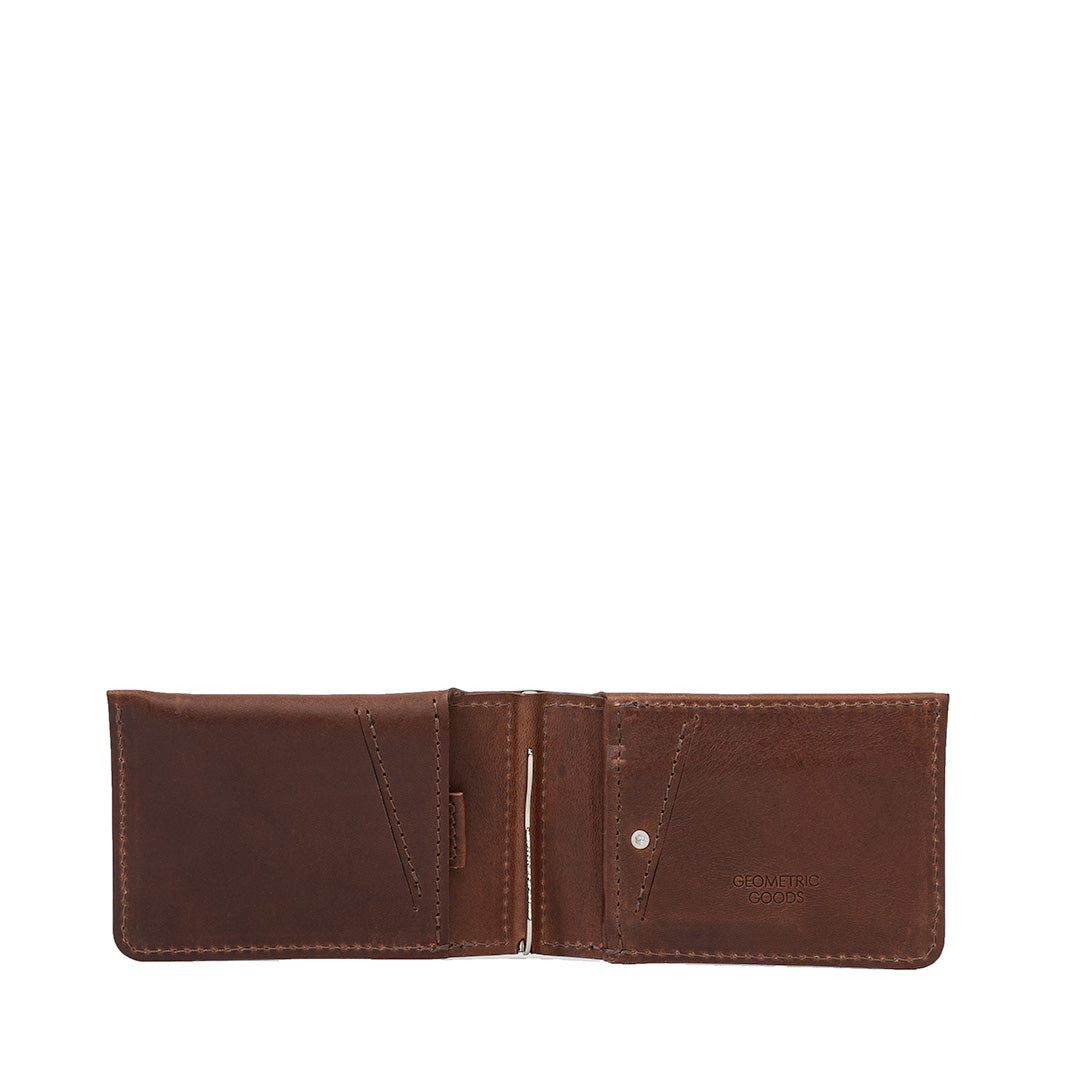 Slim AirTag wallet with stainless money clip in mahogany full-grain leather with hidden tracker slot – Geometric Goods