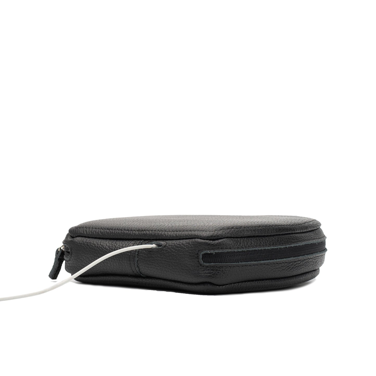 Side view of black AirPods Max leather case with zip closure and cable opening visible