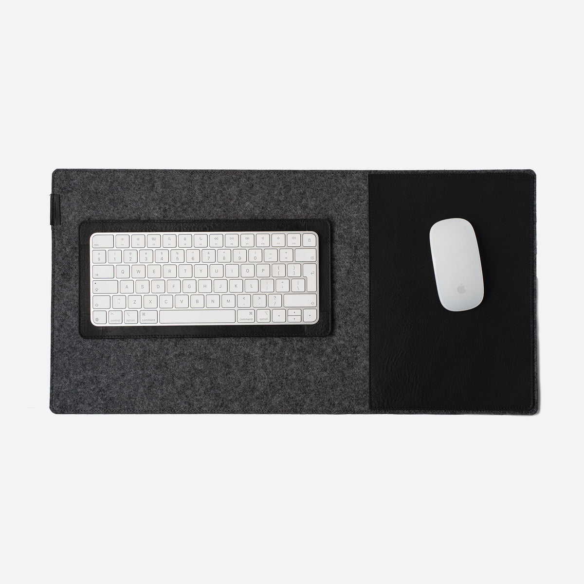 Black full-grain leather and wool felt desk pad with leather mouse pad insert, 30 × 60 cm