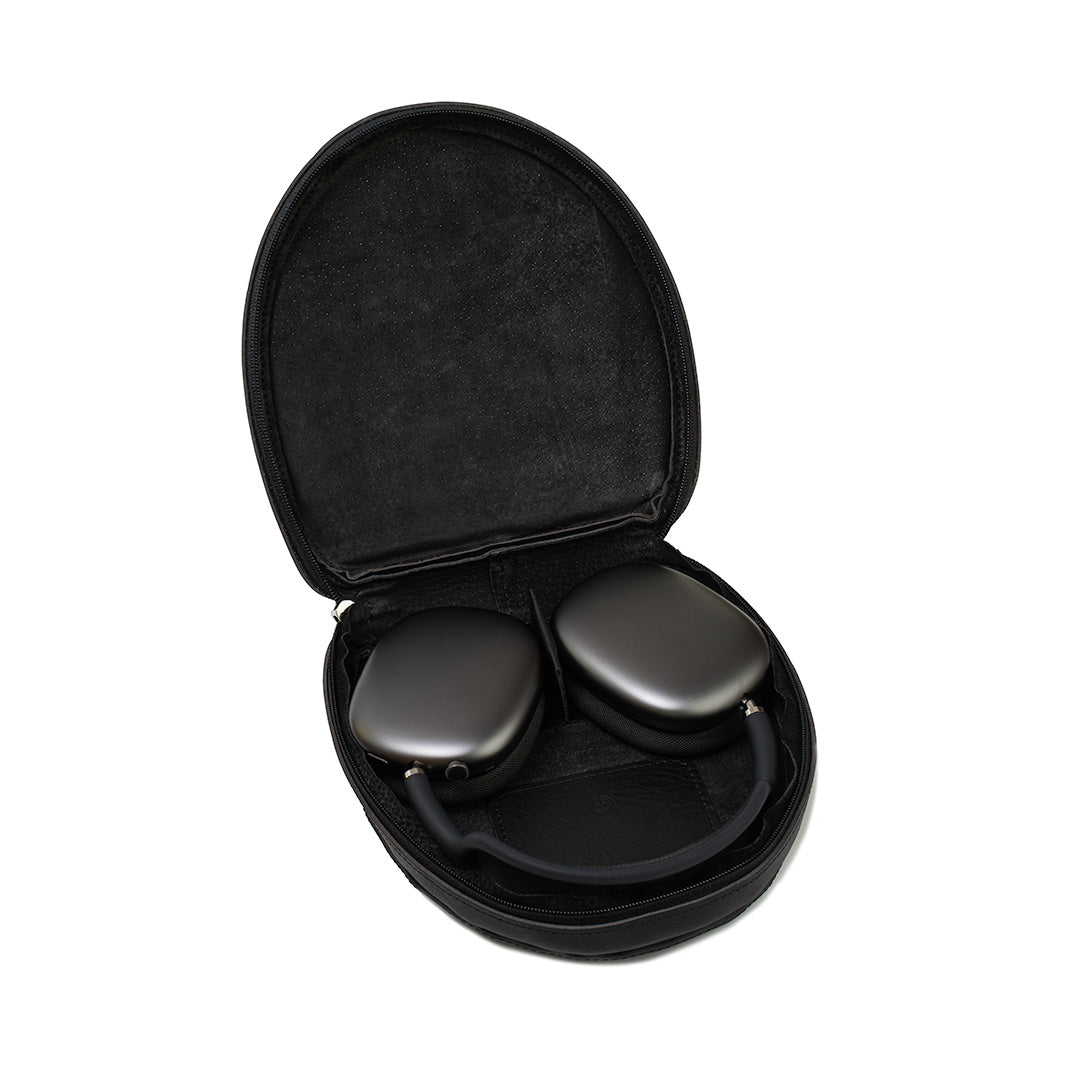 Black leather case for AirPods Max, featuring full-grain Italian leather with reinforced walls and soft interior lining, including inside magnets for low-power mode and a pocket for charging cord