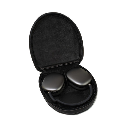 Black leather case for AirPods Max, featuring full-grain Italian leather with reinforced walls and soft interior lining, including inside magnets for low-power mode and a pocket for charging cord