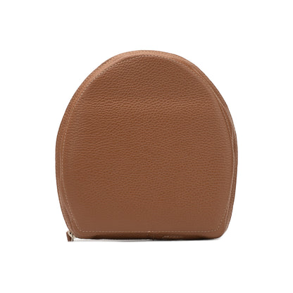 Front view of brown flat-grain leather AirPods Max case with rounded shape and stitched border