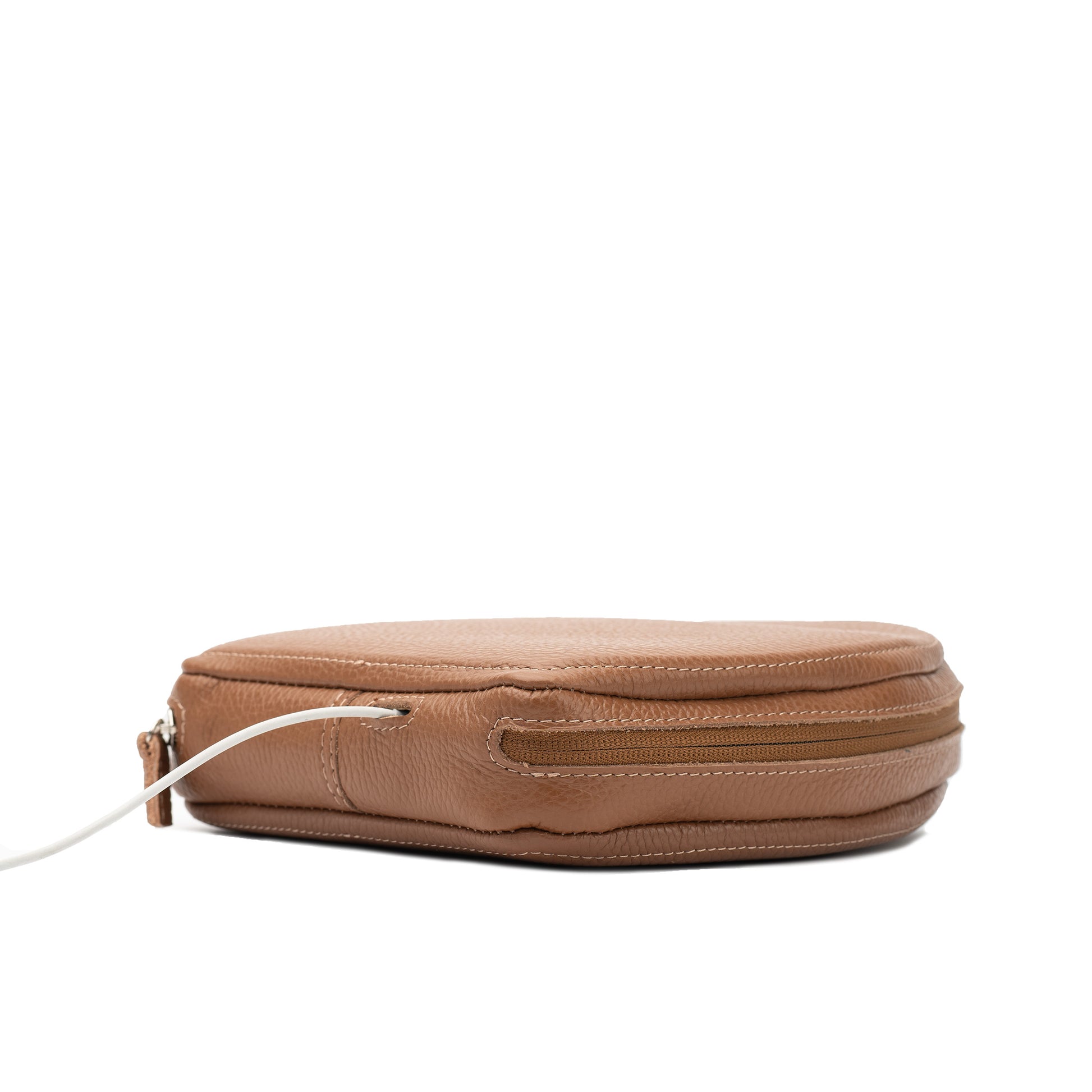 Brown leather AirPods Max case with zip closure and charging cable access