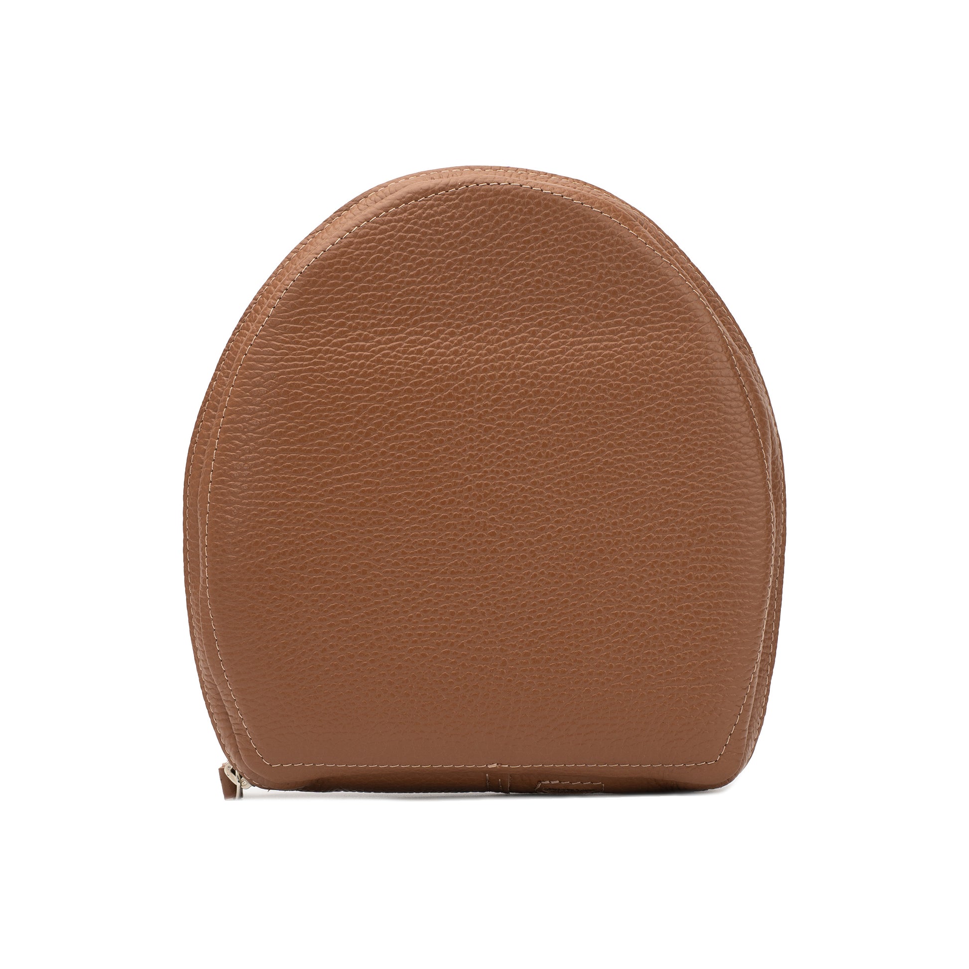 Brown leather case for AirPods Max with structured front profile and stitched finish
