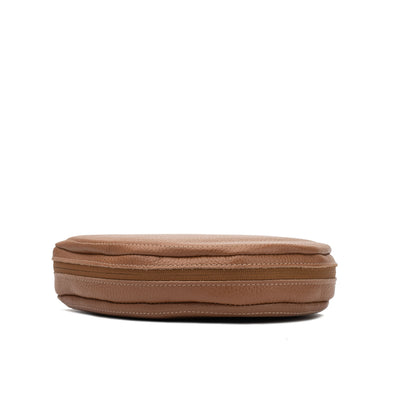 Brown leather AirPods Max case with full zip closure shown from the side