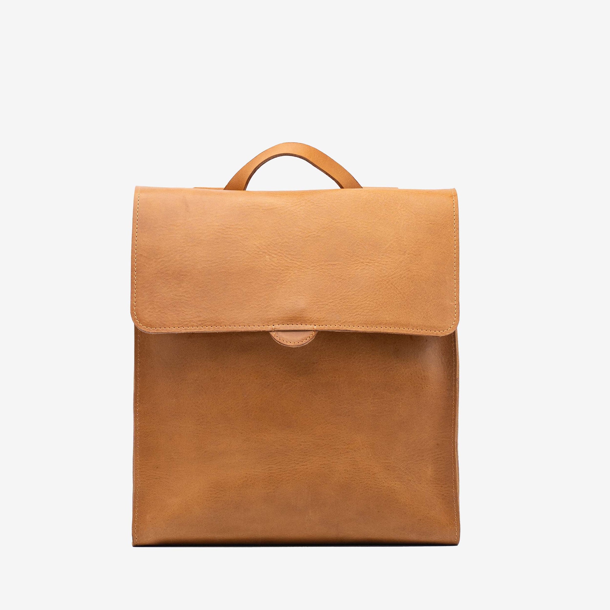Front view of the camel Leather Backpack – Fibonacci with a wide flap closure and top carry handle