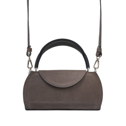 AirPods Max Case in gray leather, designed with a comfortable handle and an adjustable crossbody strap for versatile carrying of Apple's headphones