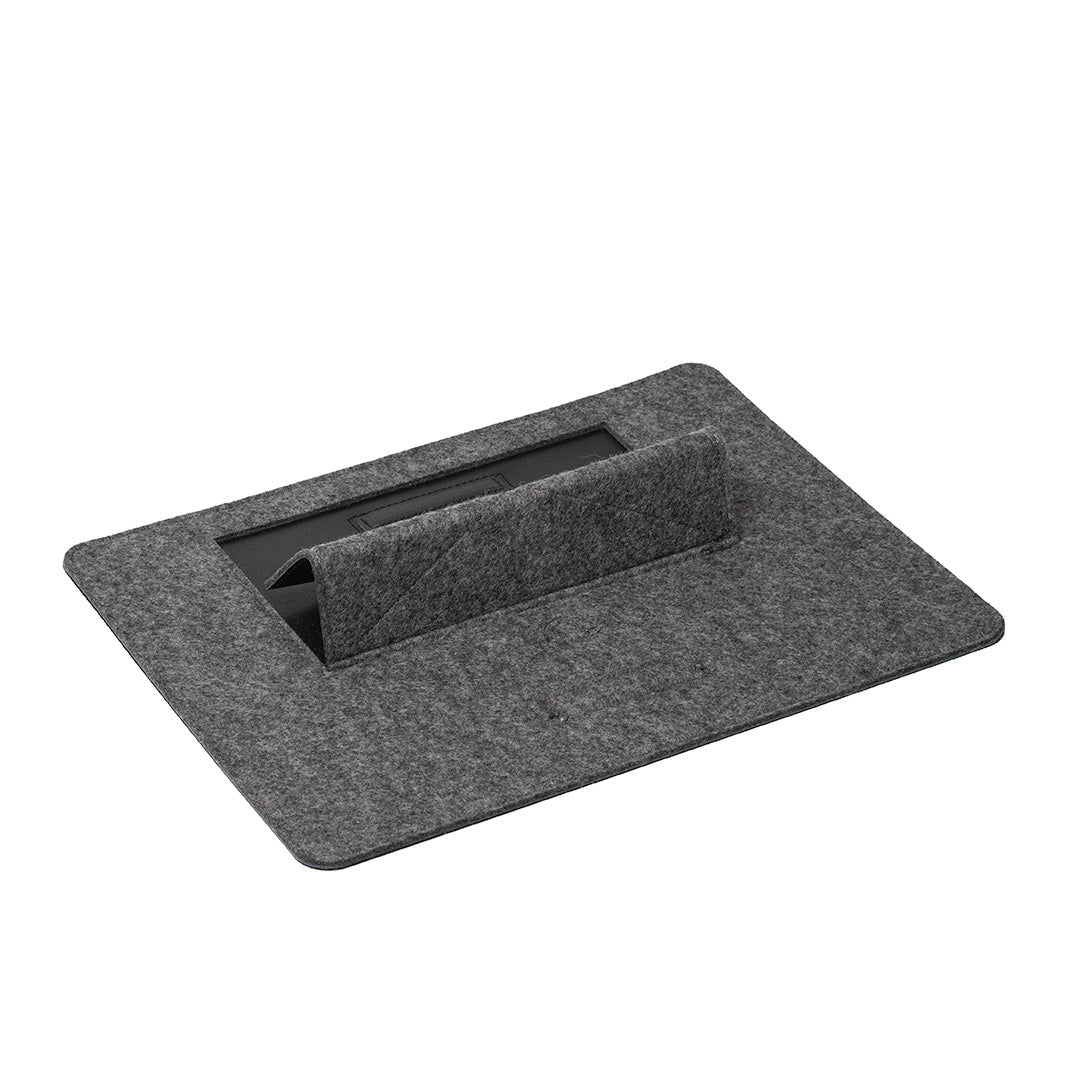 Desktop iPad stand in grey wool felt – minimalist tablet dock with five adjustable viewing positions