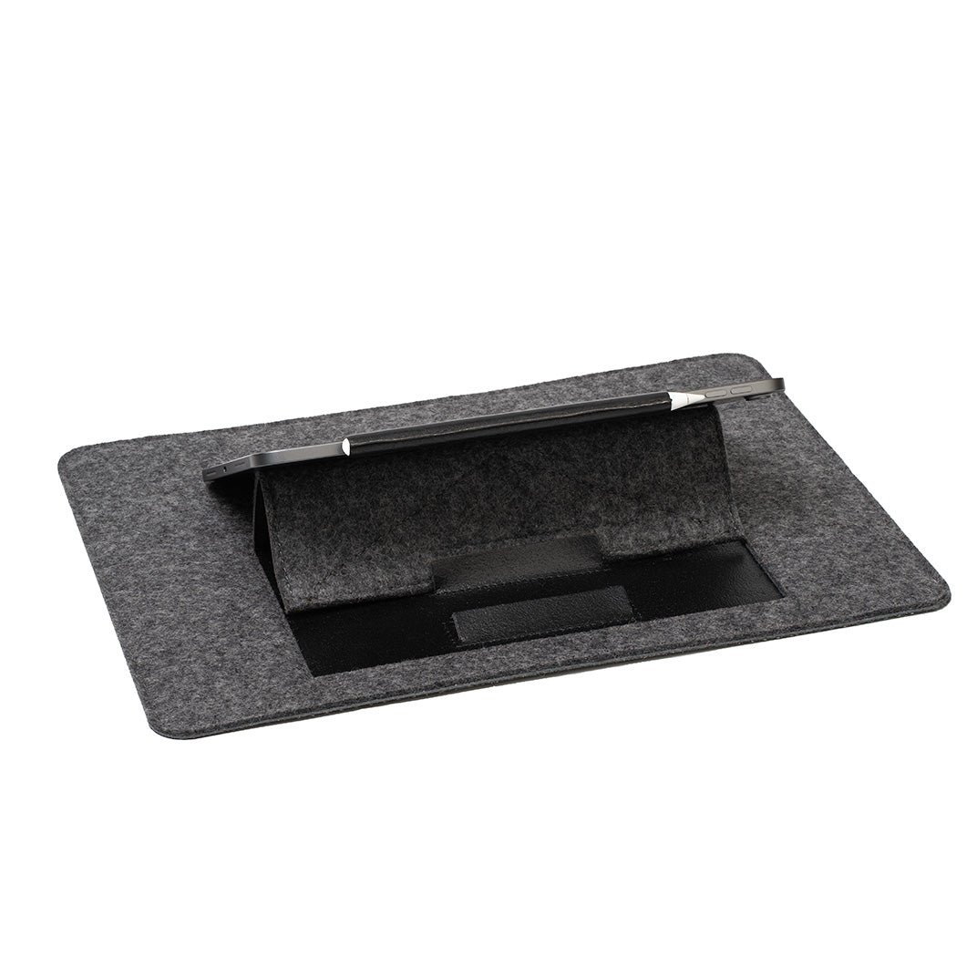 Foldable iPad desk stand in wool felt – underside view showing support structure for ergonomic tilt and device security