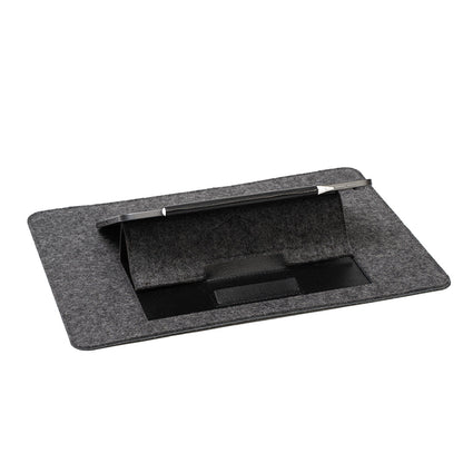 Foldable iPad desk stand in wool felt – underside view showing support structure for ergonomic tilt and device security