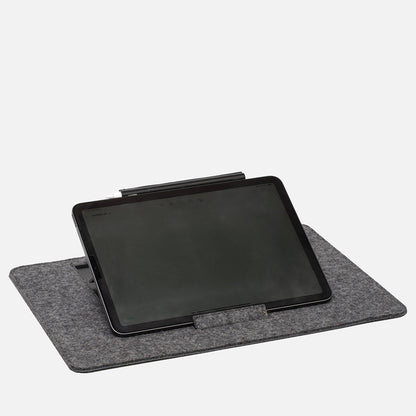 iPad positioned horizontally on grey wool felt stand, ideal for video calls, reading, or landscape productivity use