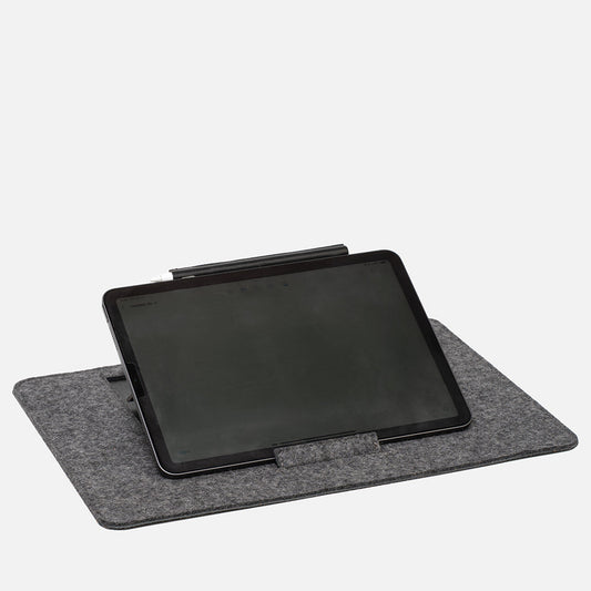iPad positioned horizontally on grey wool felt stand, ideal for video calls, reading, or landscape productivity use