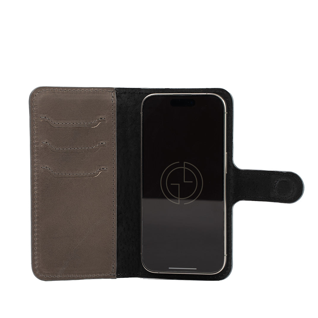 iphone 16 ro folio case in gray color leather