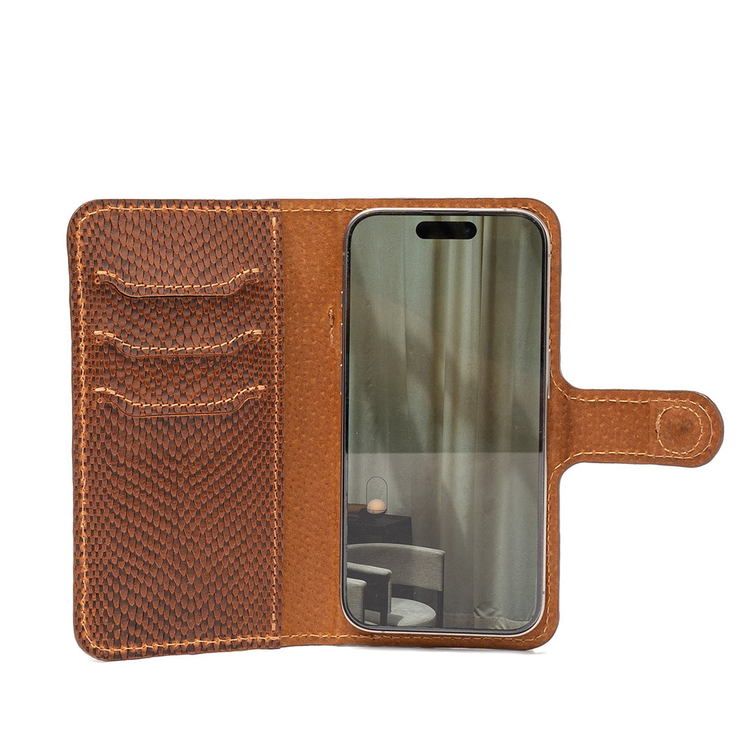folio case wallet with grip for iphone 16 Pro in brown snake print leather color