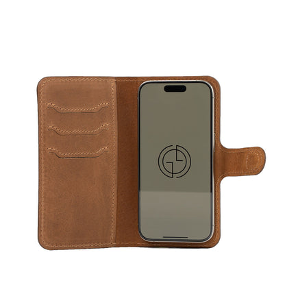 Open view of brown iPhone 16 folio case wallet, Classic 4.0, displaying card slots and magnetic strap