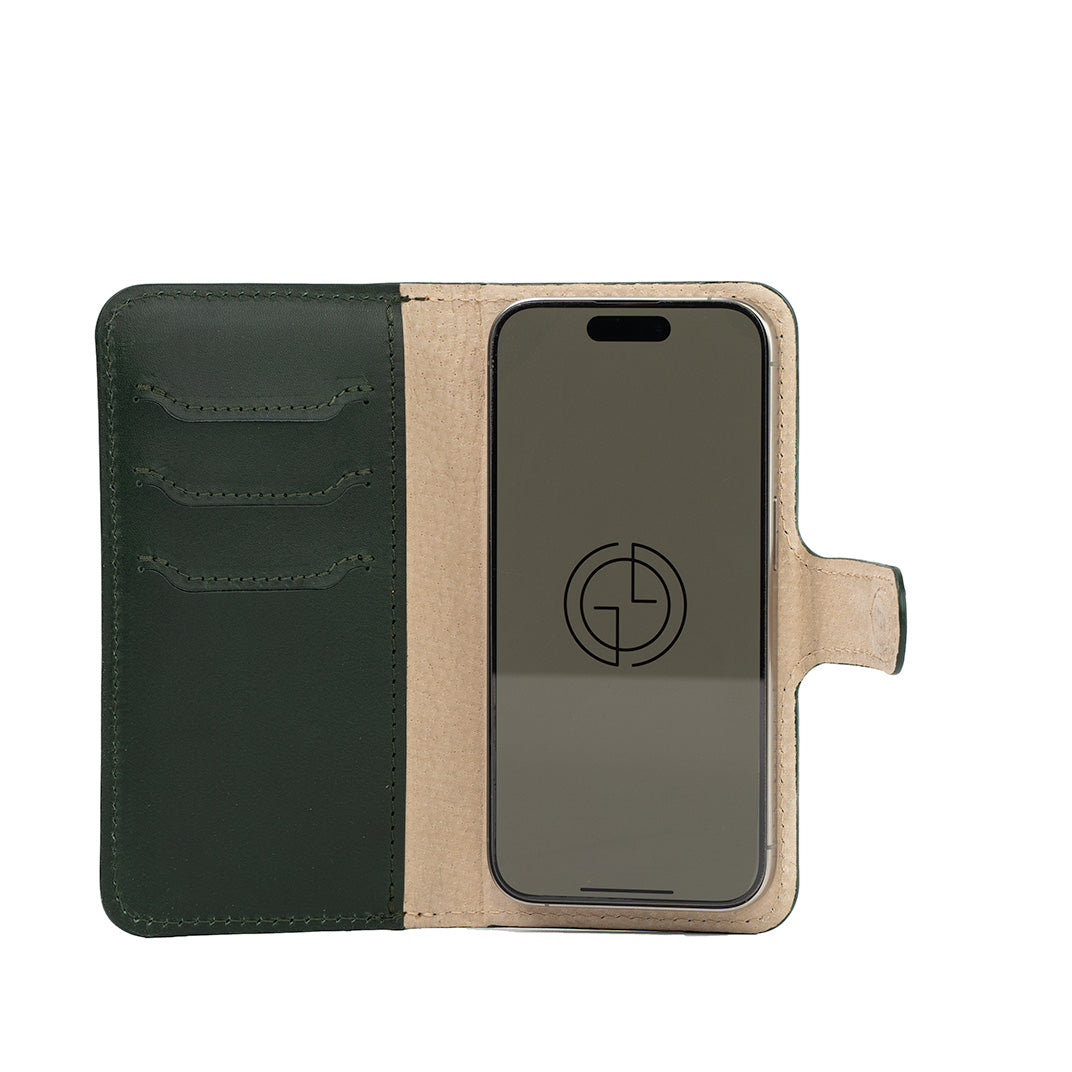 Open view of forest green iPhone 16 folio case wallet, Classic 4.0, with card slots and magnetic strap closure