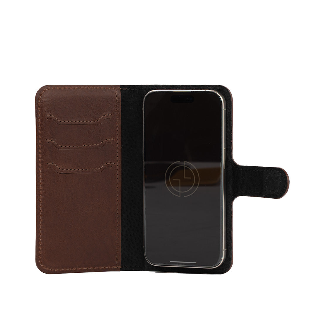 Interior view of mahogany iPhone 16 leather folio case wallet, Classic 4.0, showcasing card slots and camera cutout with magnetic strap