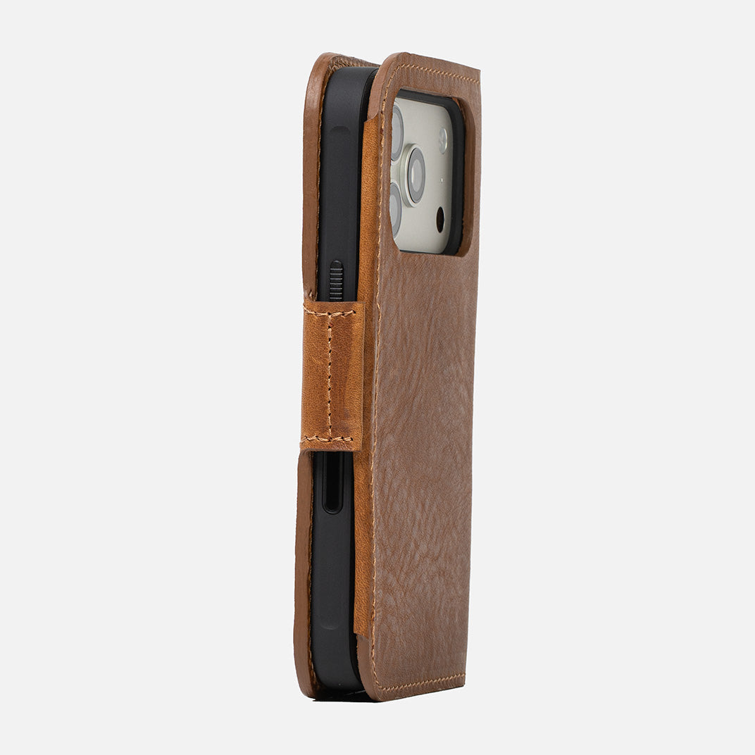 Leather iPhone folio wallet side profile