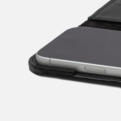 Close-up of iPhone 17 Series in Classic 5.0 leather folio case wallet — protective leather frame, suede lining, MagSafe-ready secure edge grip