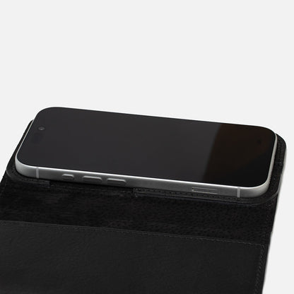 Close-up of iPhone 17 Series in Classic 5.0 leather folio case wallet — suede lining, protective edge channel, MagSafe-ready for smooth snap-on/off