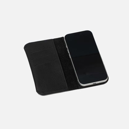 Minimalist 1.0 leather folio wallet for iPhone 17 Series — open view with three card slots and suede lining, slim MagSafe-ready design