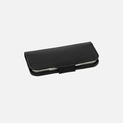 Closed iPhone 17 leather folio wallet case with MagSafe, slim profile with magnetic strap, black Italian leather